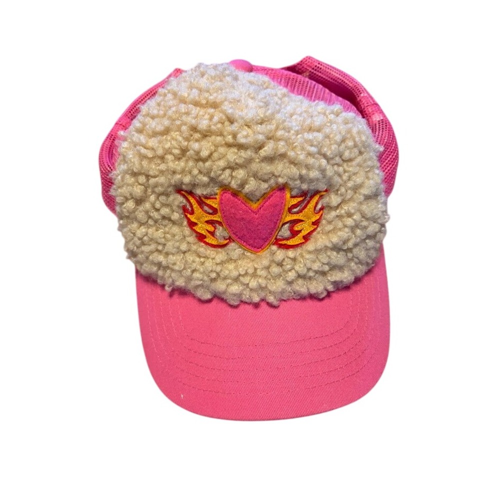 Pink Sherpa Flaming Heart Mesh Trucker Hat Snapback Baseball Cap Y2K Style
